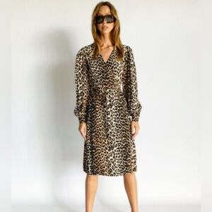GANNI  Wrap Dress Long Sleeve Cheetah Print Silky   Sz S/4 US women’s midi dress